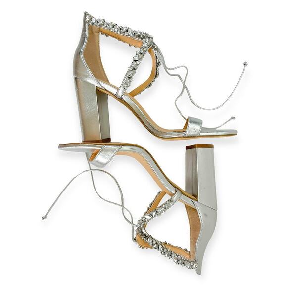 Jewel Badgley Mishka NEW Thamar Crystal Strappy Block Heel Silver Women's Sz 8.5 - Picture 3 of 14